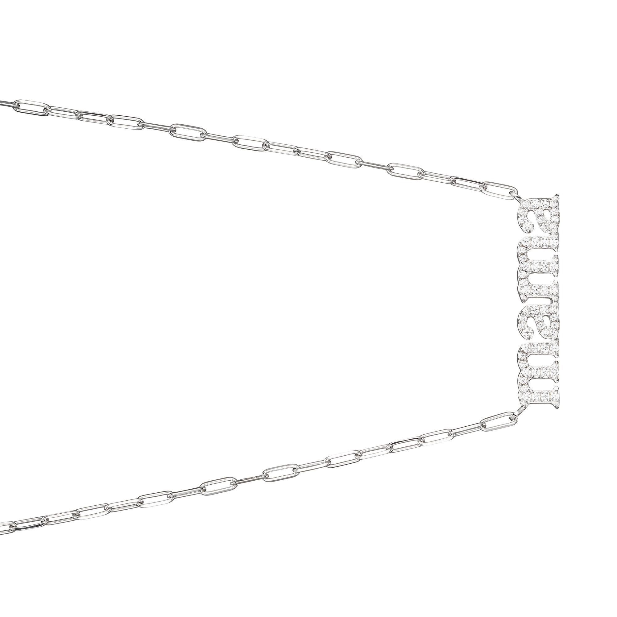 Round Cut Sterling Silver Necklace Paperclip Chain (2mm) CZ Word 