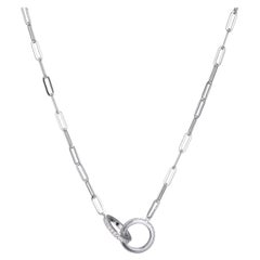Sterling Silver Necklace Paperclip Chain (3mm) 2 CZ Circles, Rhodium Finish