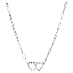 Sterling Silver Necklace Paperclip Chain (3mm) 2 CZ Hearts, Rhodium Finish