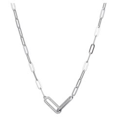 Sterling Silver Necklace Paperclip Chain (3mm) 2 CZ Links, Rhodium Finish