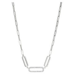 Sterling Silver Necklace Paperclip Chain (3mm) 3 Center CZ Links, Rhodium Finish