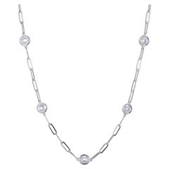 Sterling Silver Necklace Paperclip Chain (3mm) 7 piece CZ, Rhodium Finish