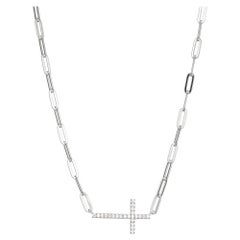 Sterling Silver Necklace Paperclip Chain (3mm) and CZ Cross, Rhodium Finish