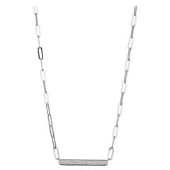 Sterling Silver Necklace Paperclip Chain (3mm) CZ Bar in Center, Rhodium Finish