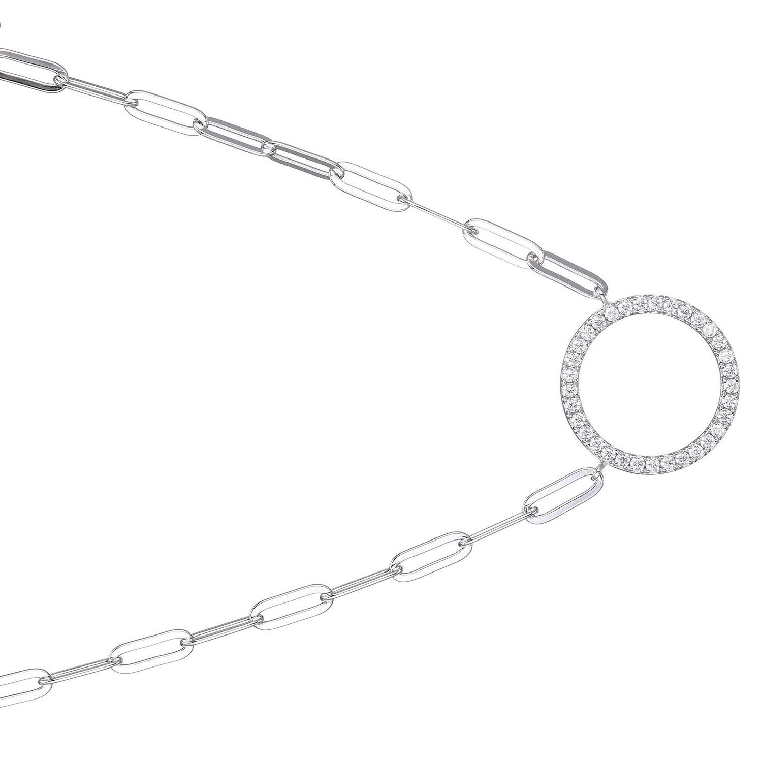 Modern Sterling Silver Necklace Paperclip Chain (3mm) CZ Circle (19mm), Rhodium Finish For Sale