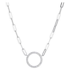 Sterling Silver Necklace Paperclip Chain (3mm) CZ Circle (19mm), Rhodium Finish