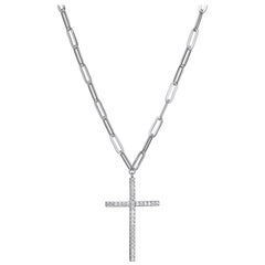 Sterling Silver Necklace Paperclip Chain (3mm) CZ Cross Pendant, Rhodium Finish