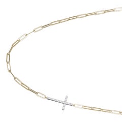 Sterling Silver Necklace Paperclip Chain (3mm) CZ Cross, Yellow Gold Finish