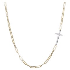 Sterling Silver Necklace Paperclip Chain (3mm) CZ Cross, Yellow Gold Finish