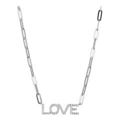 Sterling Silver Necklace Paperclip Chain (3mm) CZ, "LOVE", Rhodium Finish