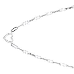 Sterling Silver Necklace Paperclip Chain (3mm) CZ Open Heart, Rhodium Finish