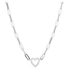 Sterling Silver Necklace Paperclip Chain (3mm) CZ Open Heart, Rhodium Finish