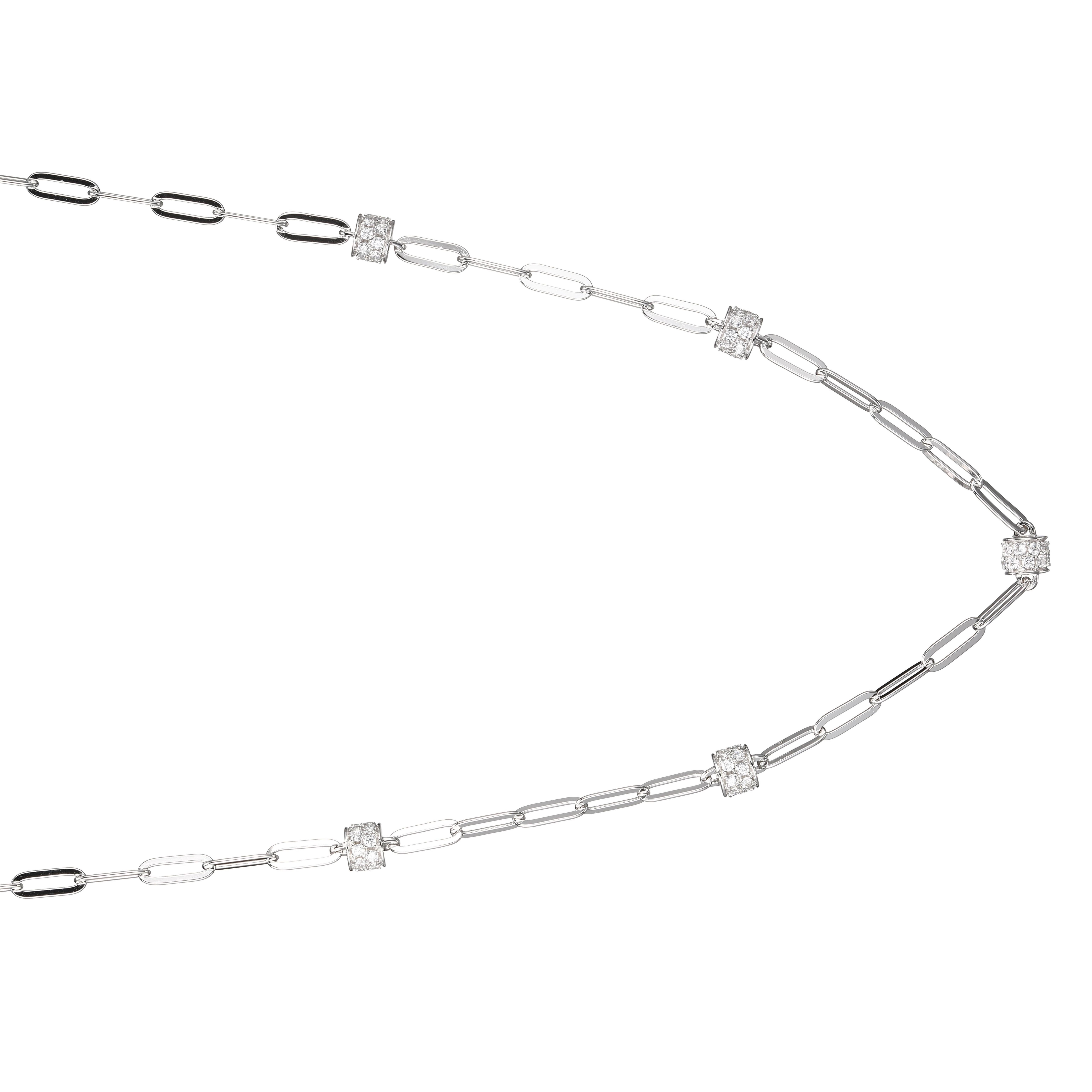 Round Cut Sterling Silver Necklace Paperclip Chain (3mm) CZ Rondelle, Rhodium Finish For Sale