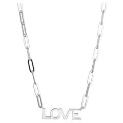 Sterling Silver Necklace Paperclip Chain (3mm) "LOVE" in Center, Rhodium Finish