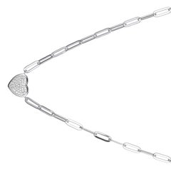 Sterling Silver Necklace Paperclip Chain (3mm) Pave CZ Heart, Rhodium Finish