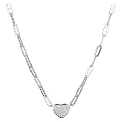 Sterling Silver Necklace Paperclip Chain (3mm) Pave CZ Heart, Rhodium Finish