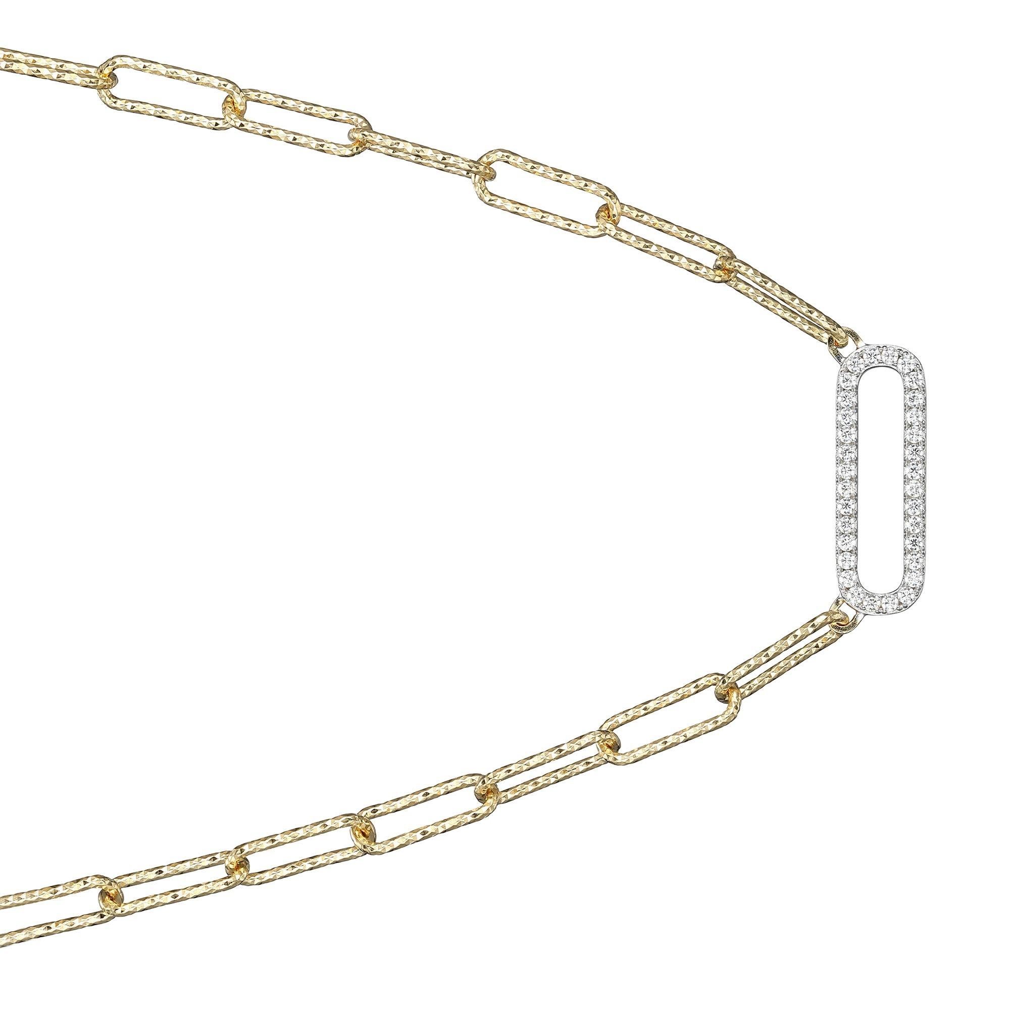 Round Cut Sterling Silver Necklace Paperclip Chain (5mm) CZ Link, 18k Yellow Gold Finish For Sale