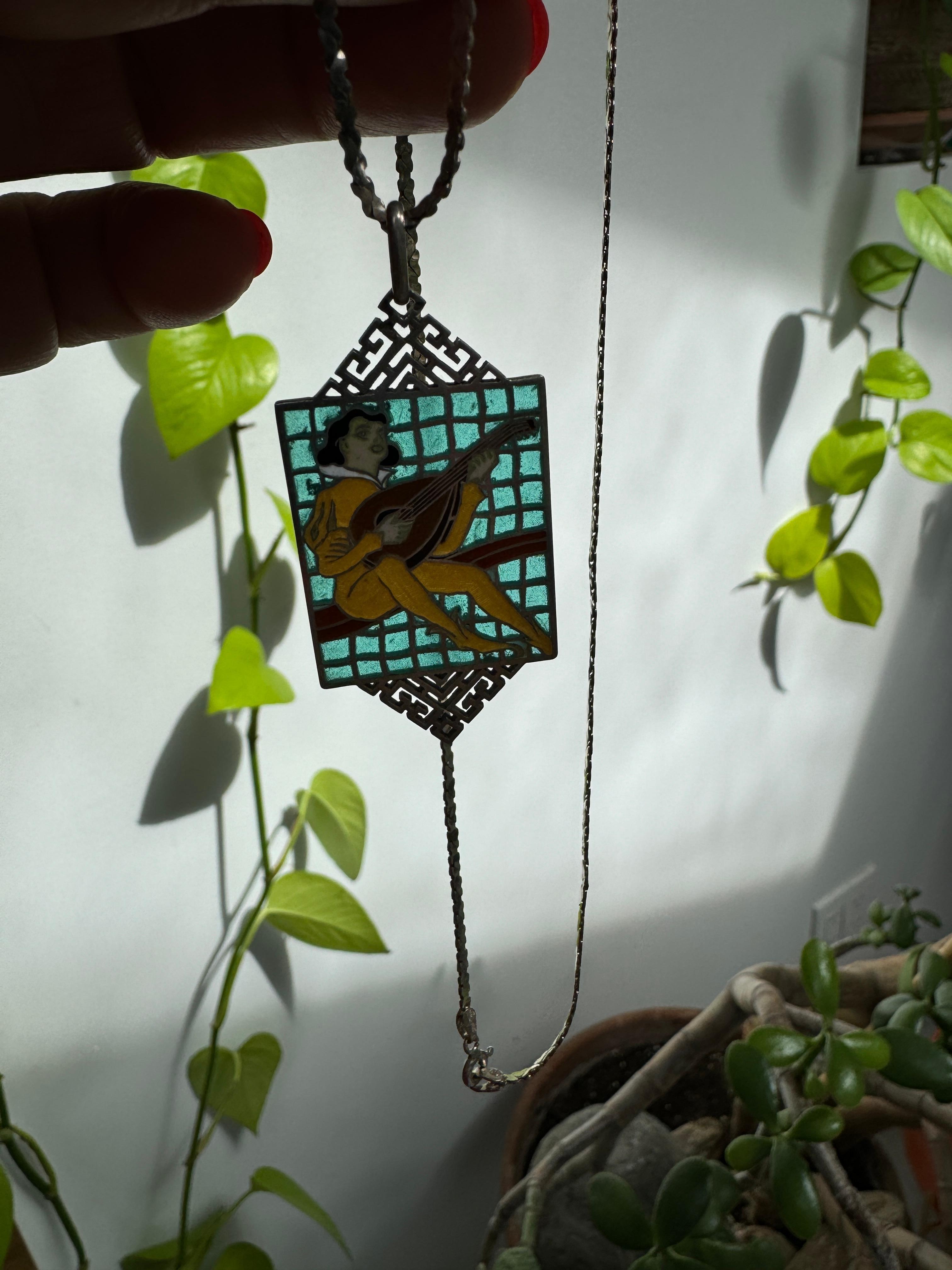 Sterling Silver Necklace Plique Du Jour Pendant Troubador For Sale 1