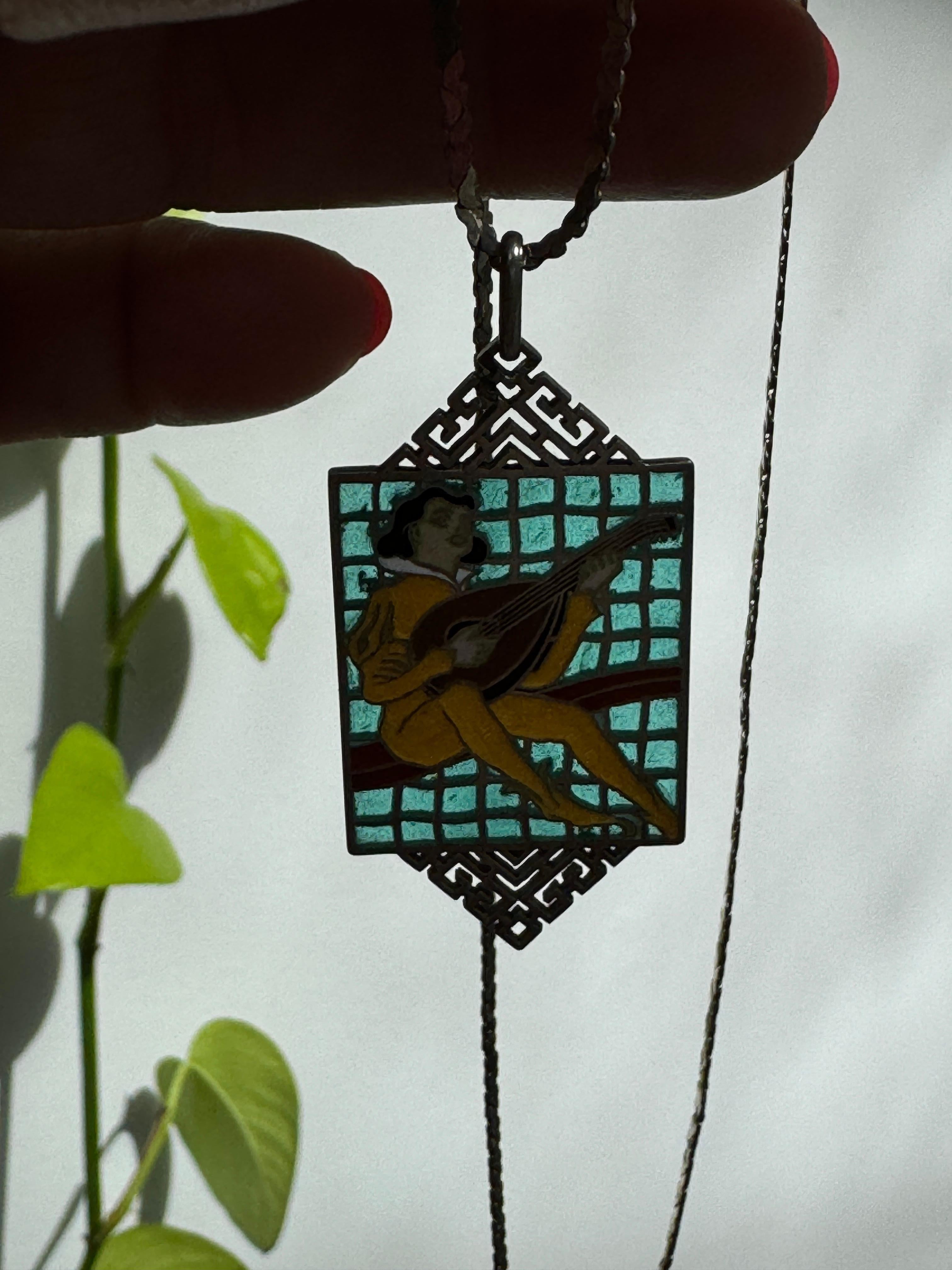 Sterling Silver Necklace Plique Du Jour Pendant Troubador For Sale 2
