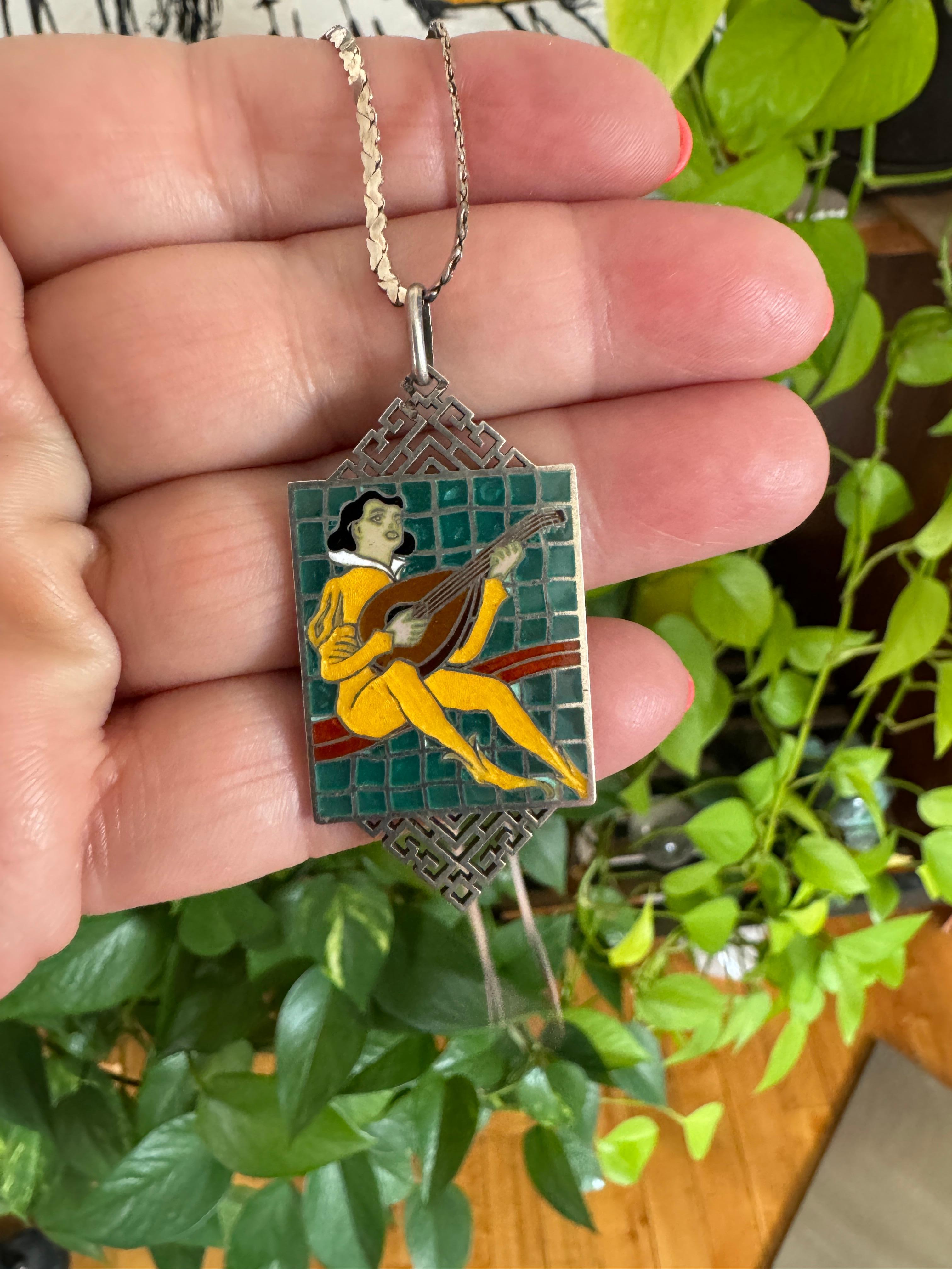 Sterling Silver Necklace Plique Du Jour Pendant Troubador For Sale 3