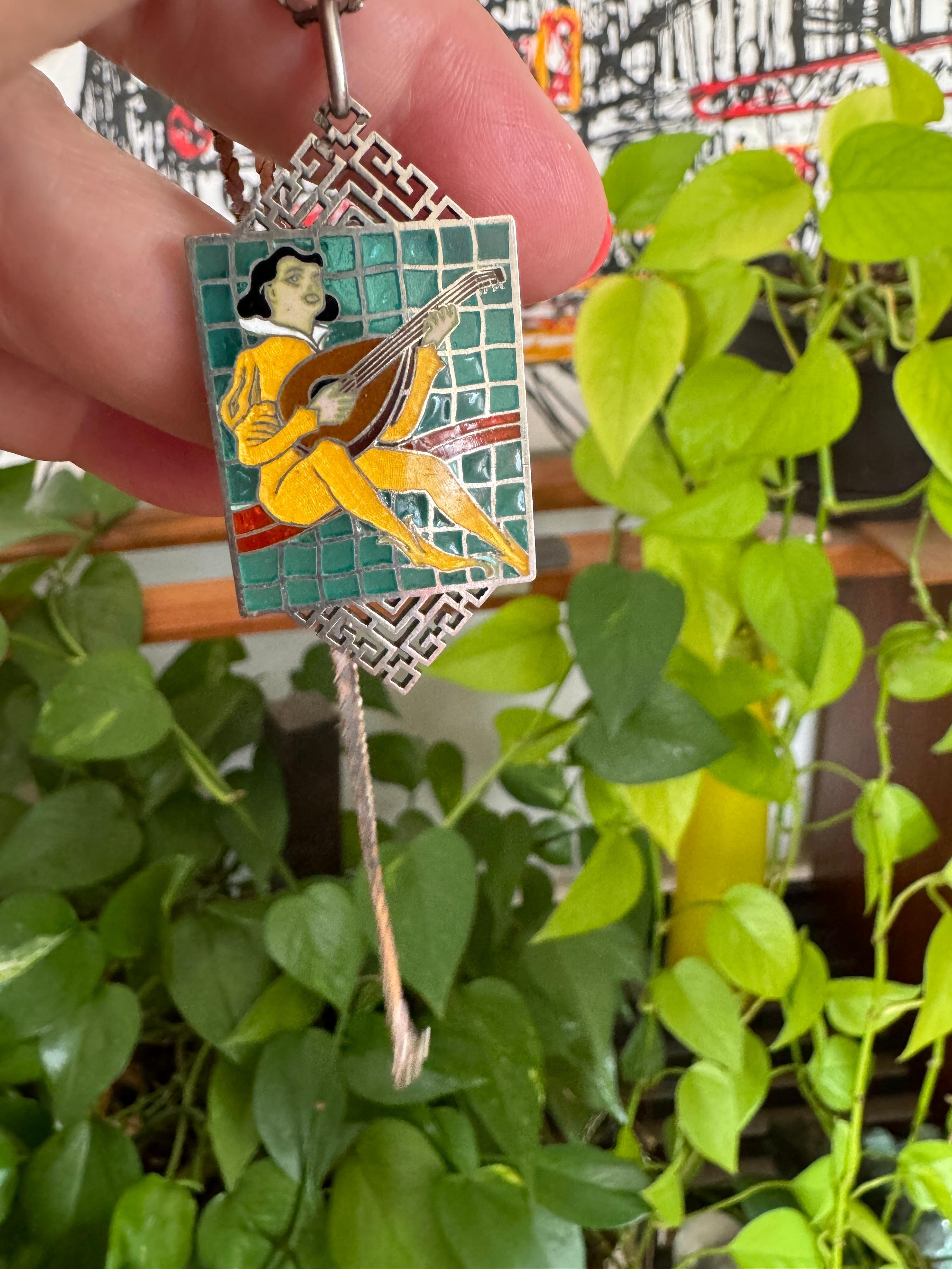 Sterling Silver Necklace Plique Du Jour Pendant Troubador For Sale 4