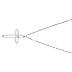 Sterling Silver Necklace Rolo Chain Cross Pendant CZ, Rhodium Finsih