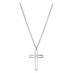 Sterling Silver Necklace Rolo Chain Cross Pendant CZ, Rhodium Finsih