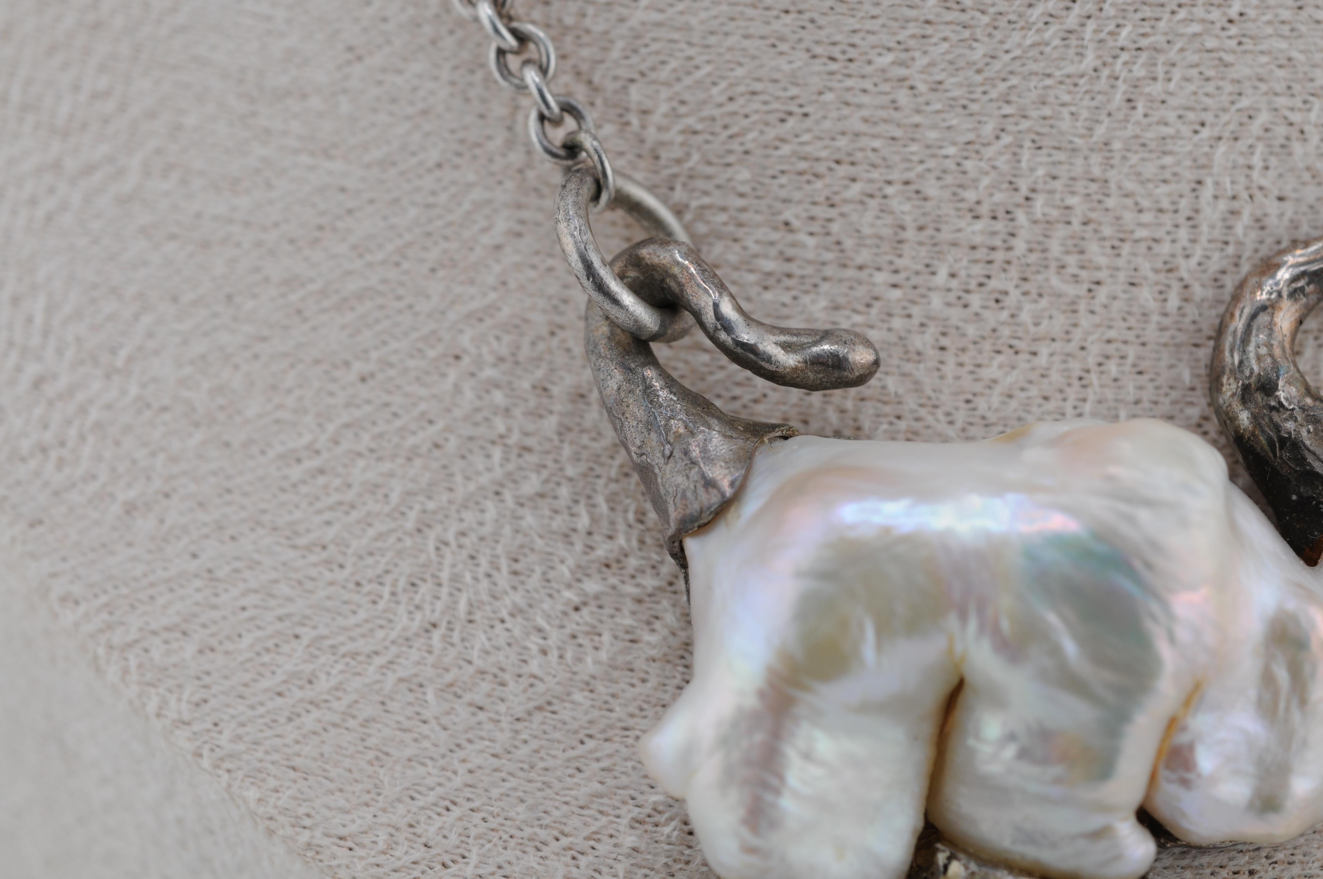 da uomo o donna Collana in argento sterling con perla naturale Keshi a forma di elefante in vendita