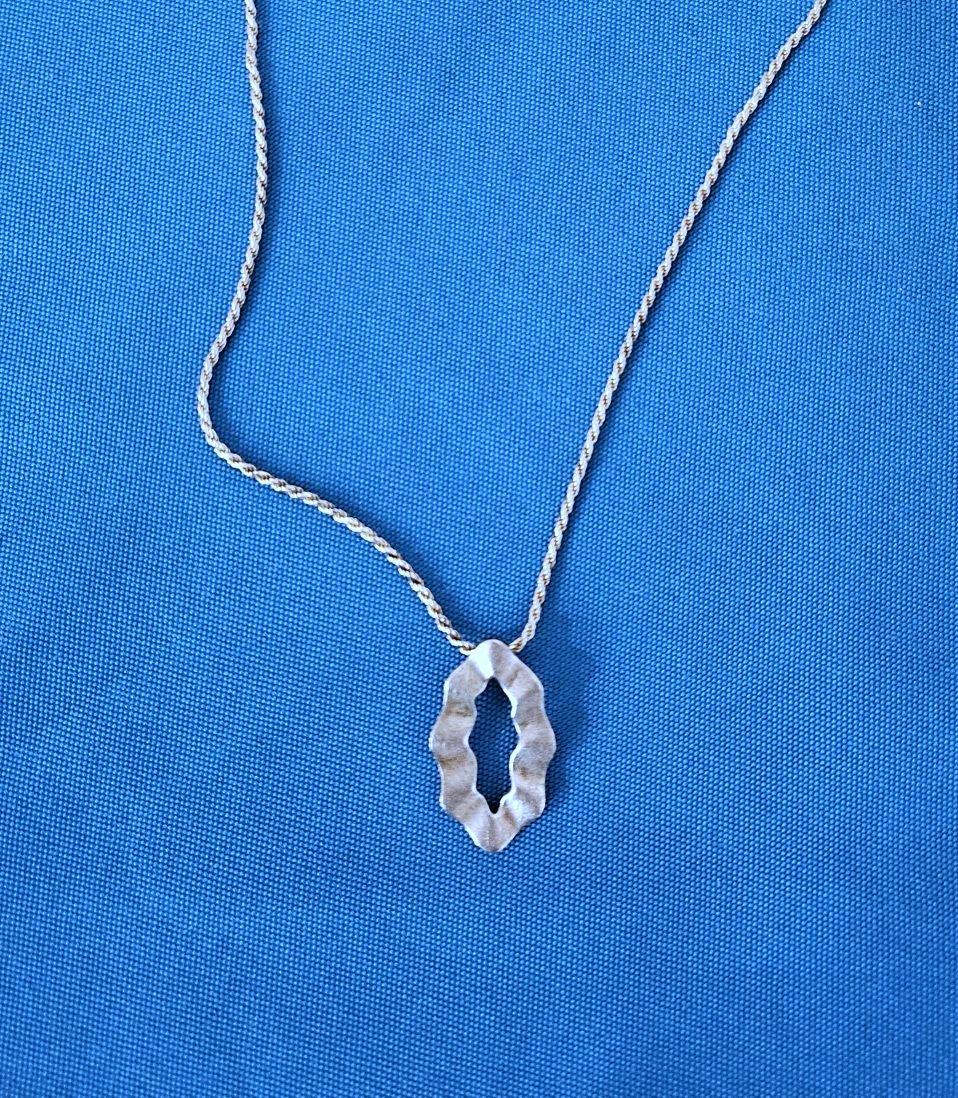 Mid-Century Modern Sterling Silver Necklace with Oval Ruffled Pendant Slide For Sale