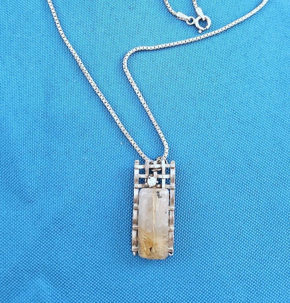 Mid-Century Modern Sterling Silver Pendant Necklace with Rutilated Quartz For Sale
