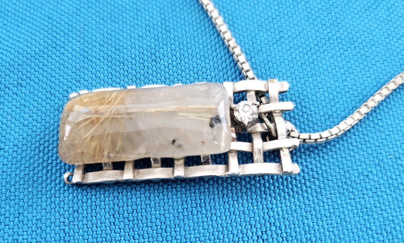 Other Sterling Silver Pendant Necklace with Rutilated Quartz For Sale