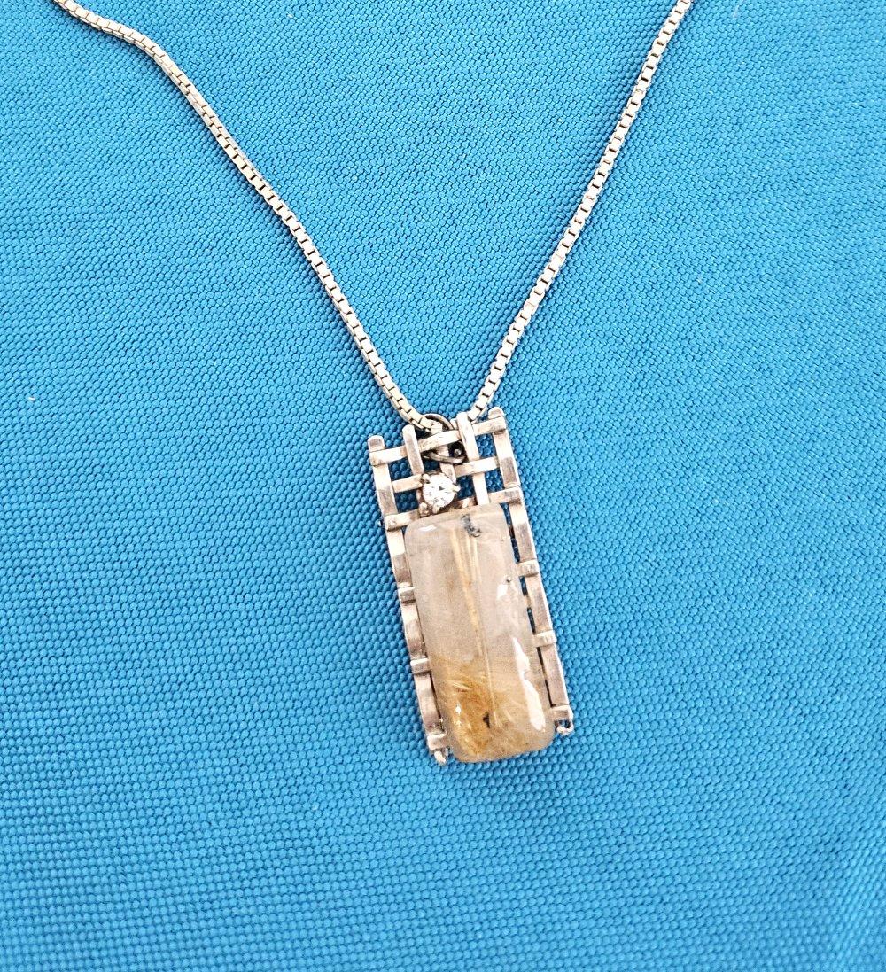 Sterling Silver Pendant Necklace with Rutilated Quartz For Sale 1