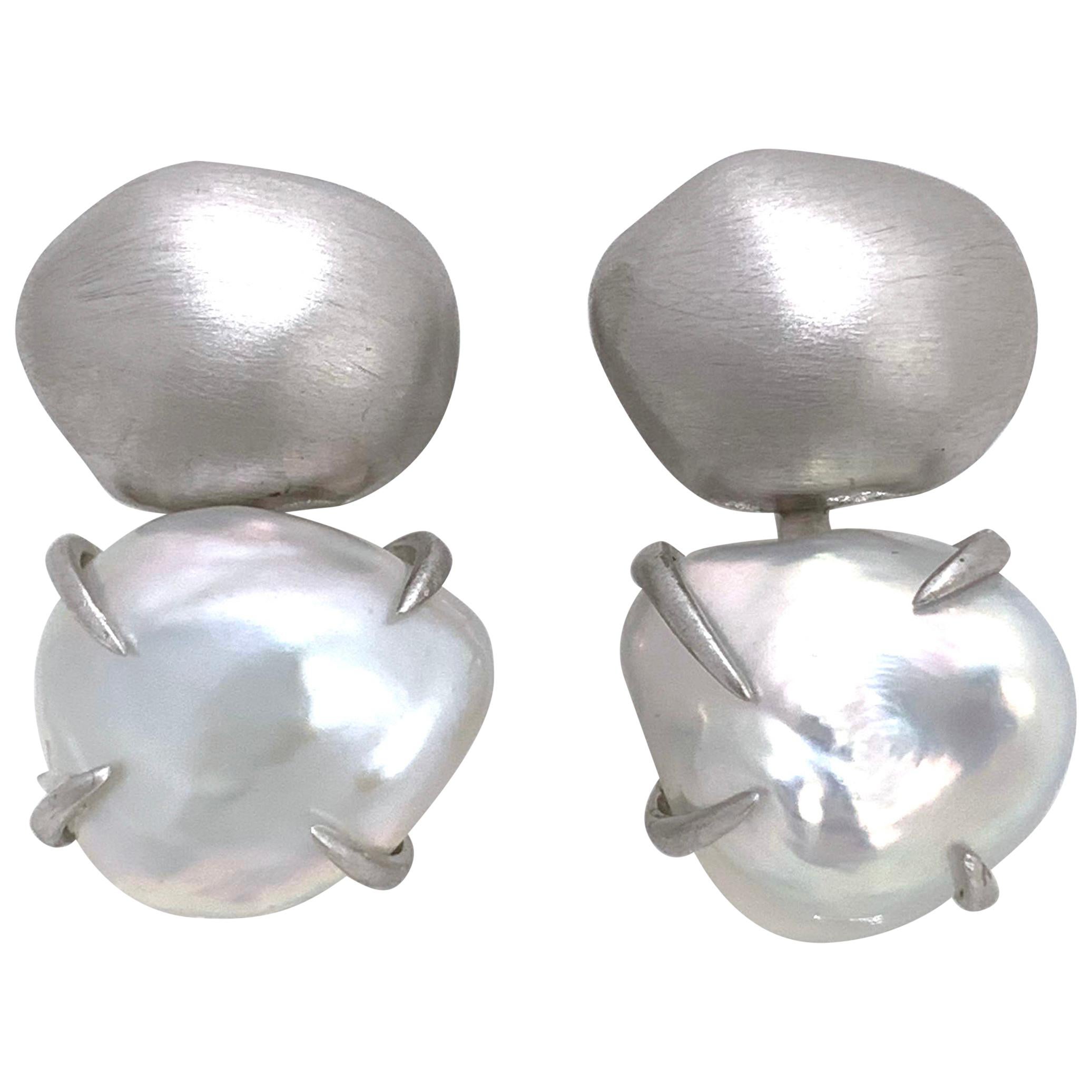 Sterling Silver Nugget and Cultured Baroque Pearl Earrings