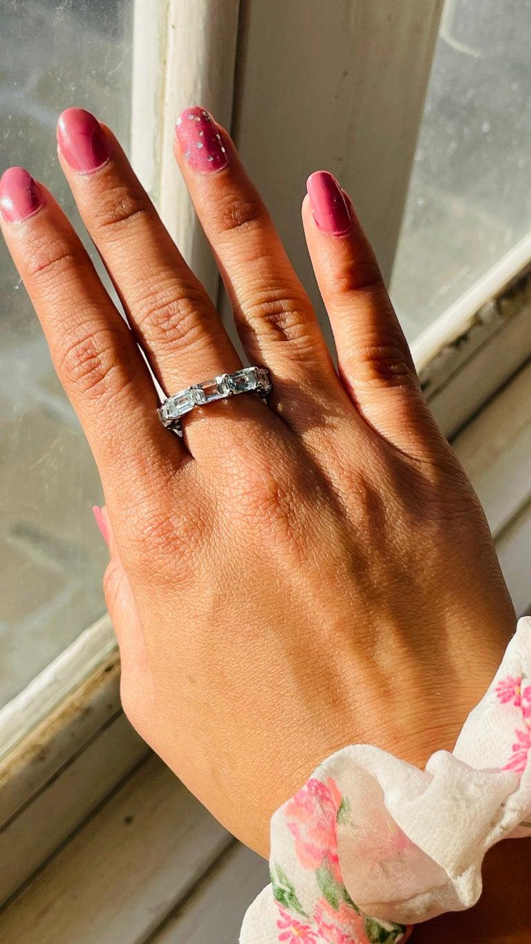 For Sale:  Sterling Silver Octagon Cut Aquamarine Gemstone Eternity Wedding Band for Mom 7