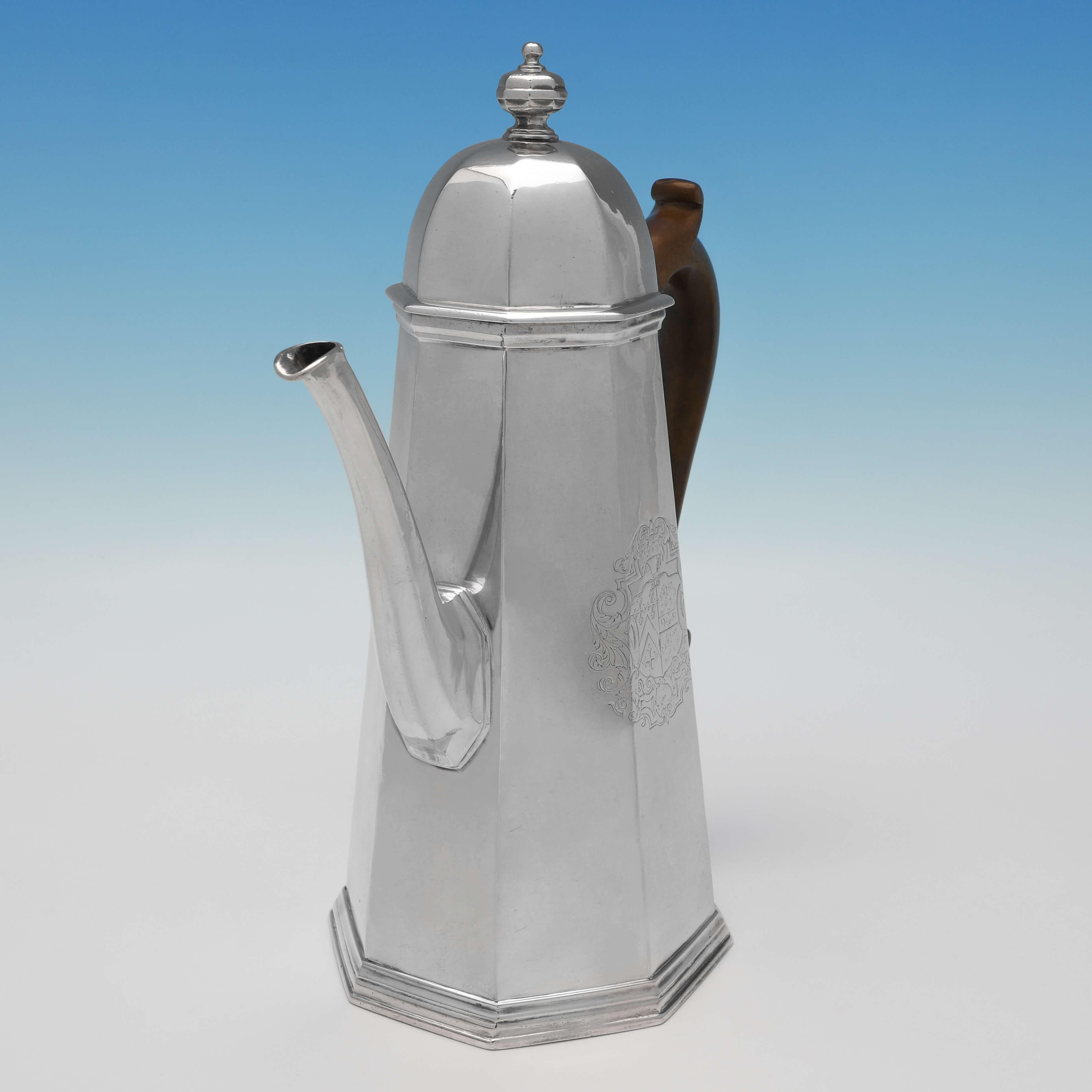 English George I Octagonal Antique Sterling Silver Coffee Pot by Francis Garthorne, 1722