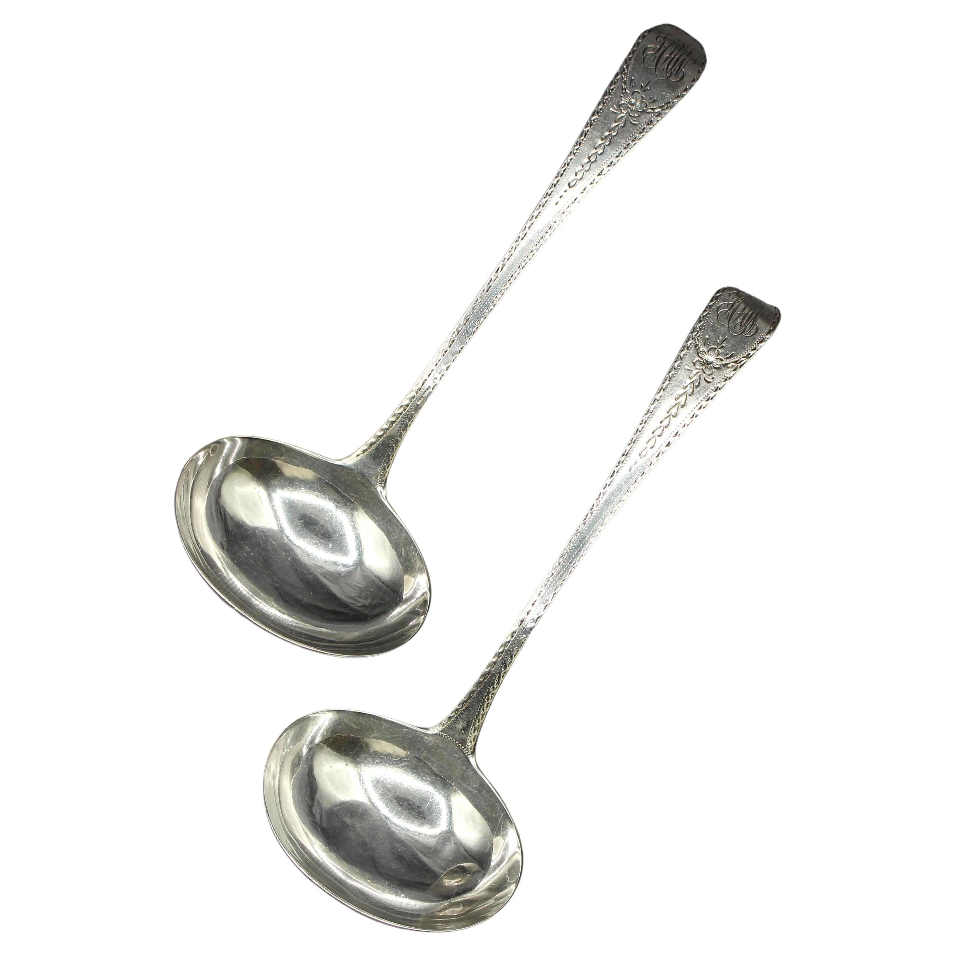 Sterling Silver Old English Engraved Pattern Gravy Ladles by John Lias For Sale