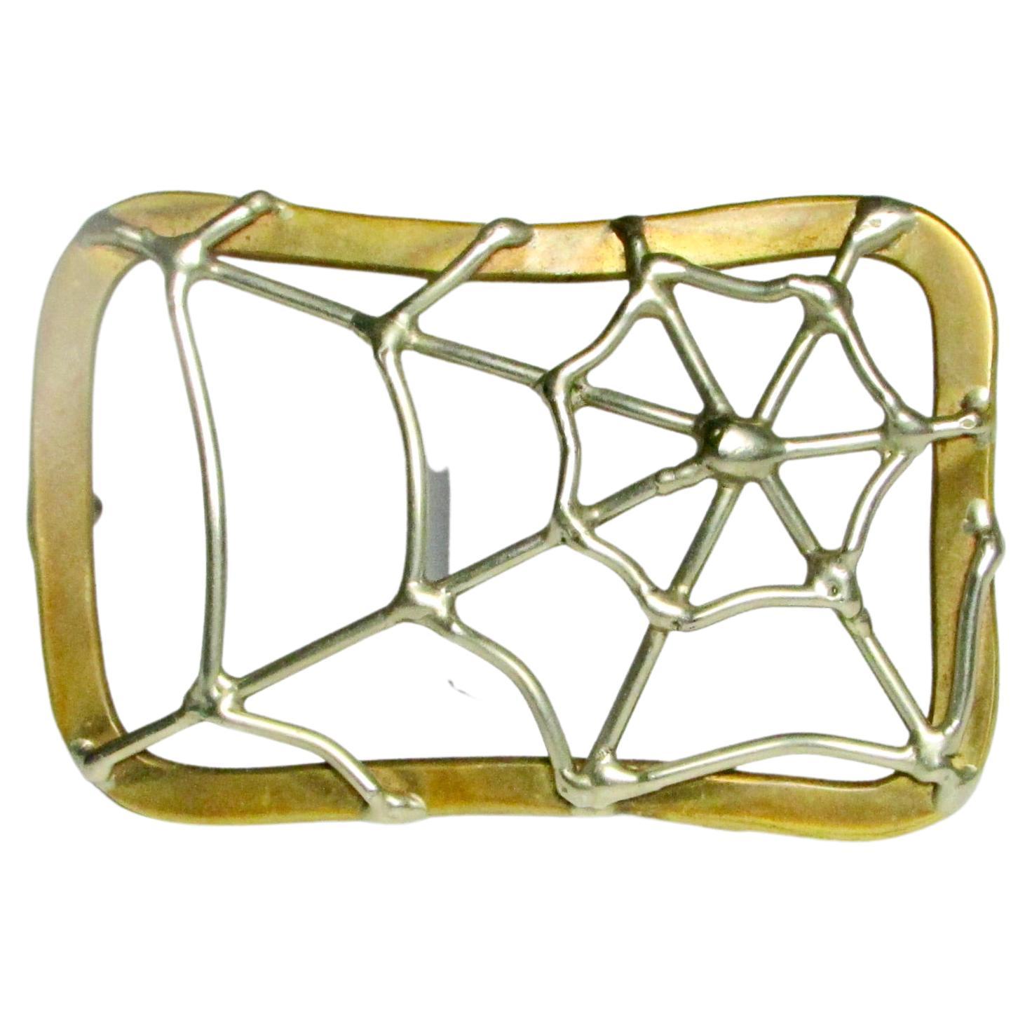 Sterling Silver on Brass Spider Web Belt Buckle Signed Baldwin For Sale