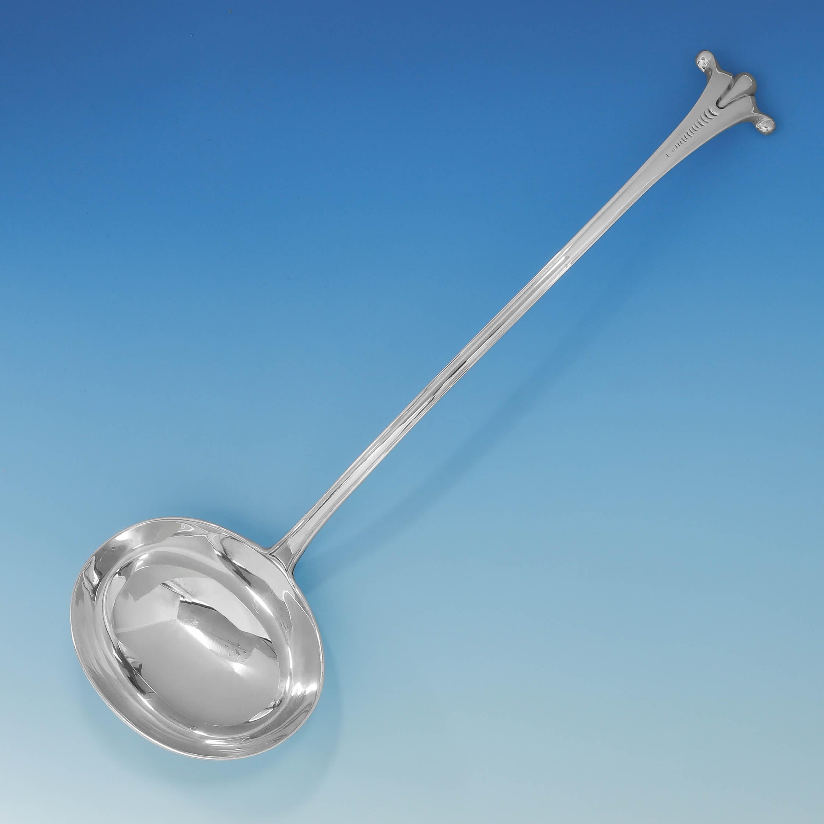Hallmarked in London in 1854 by George Adams, this stylish, Victorian, antique sterling silver soup ladle, is in 'Onslow' pattern. The soup ladle measures 13.5