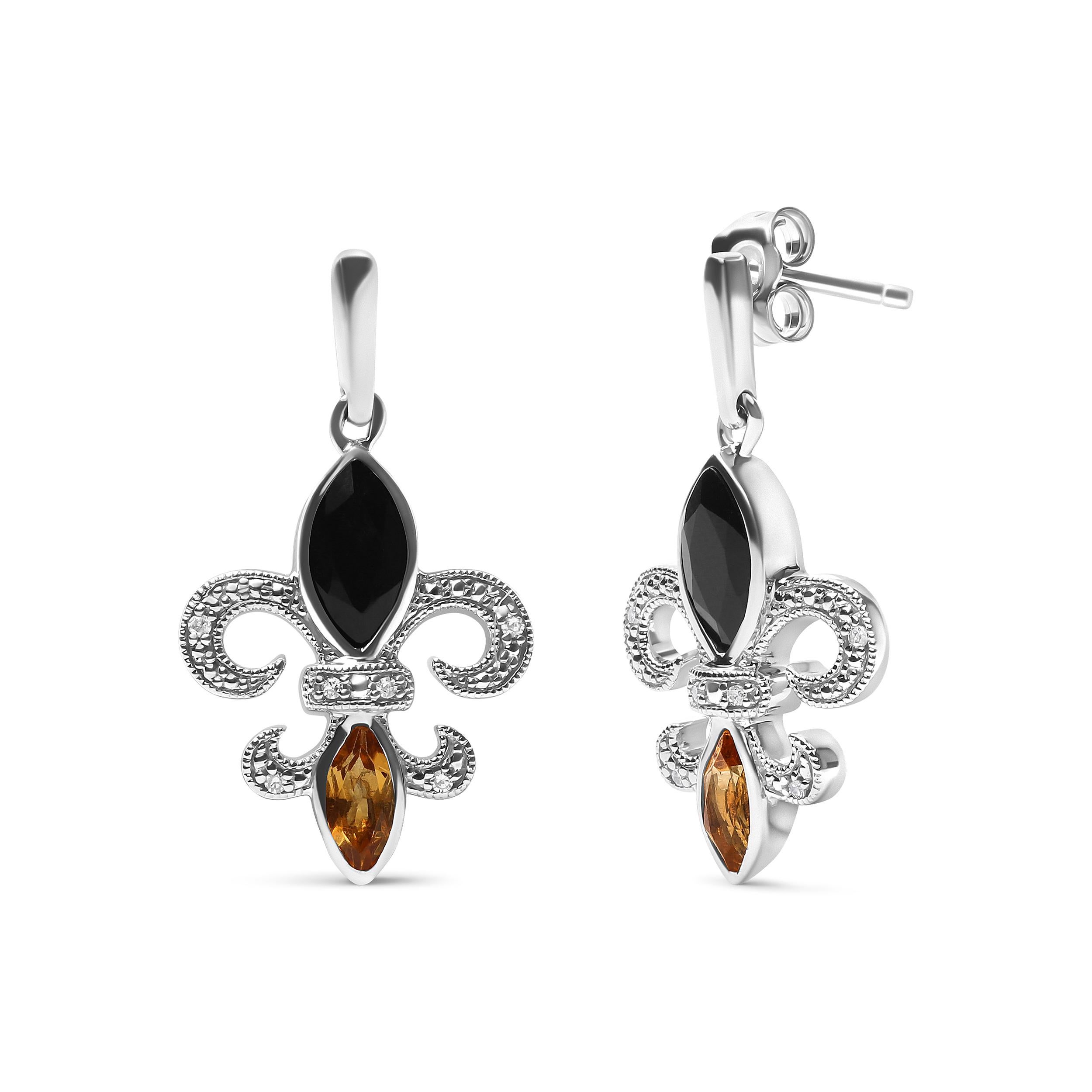 Arricchisci la tua collezione di gioielli con questi squisiti orecchini a perno in argento sterling. Realizzati in argento 925, questi orecchini presentano gemme di onice nero e citrino con taglio a marquise, splendidamente incastonate in castoni.