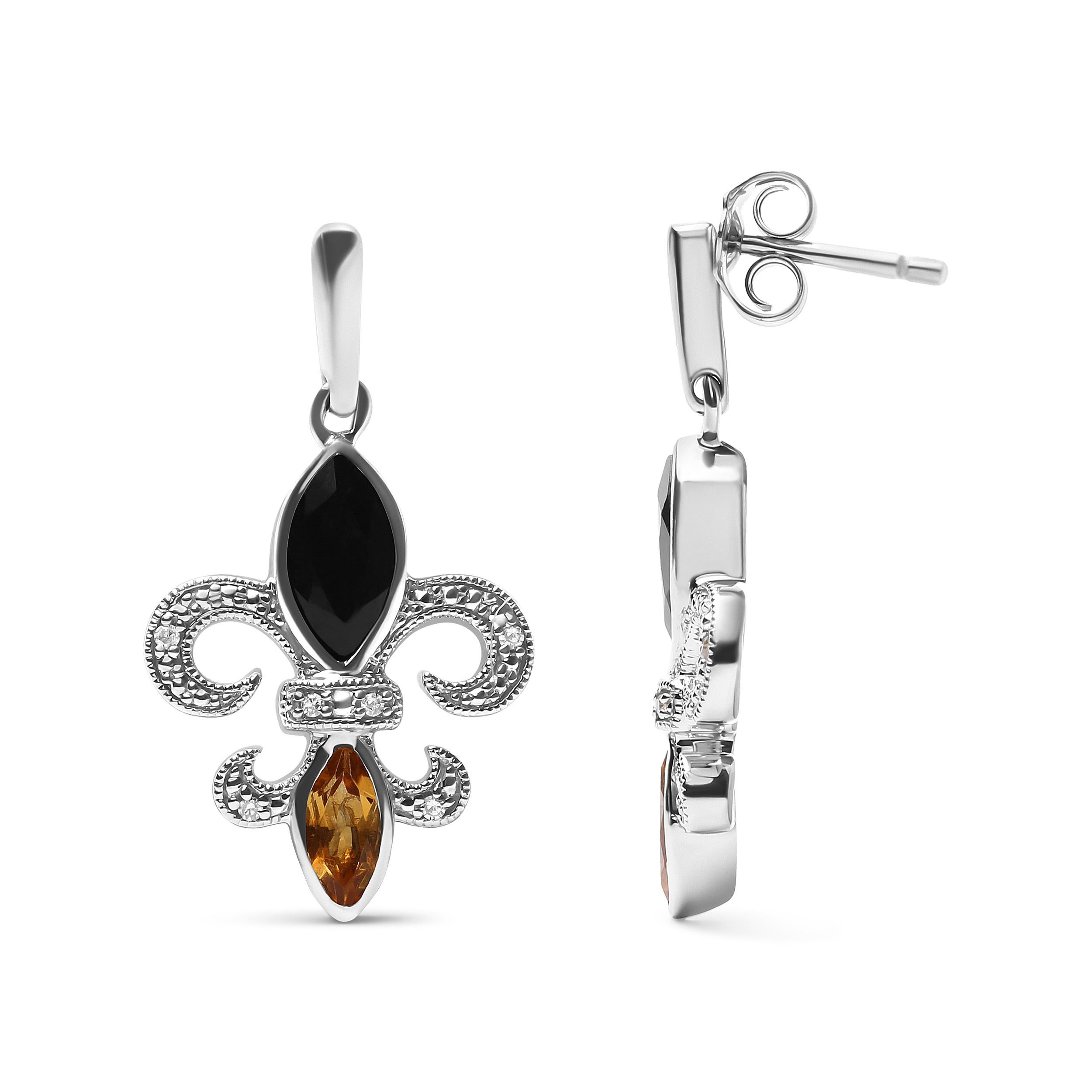 Moderno Orecchini a goccia in argento sterling con onice e citrino e diamanti, con accento Fleur De Lis in vendita