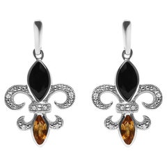 Sterling Silver Onyx and Citrine Diamond Accent Fleur De Lis Drop Stud Earrings