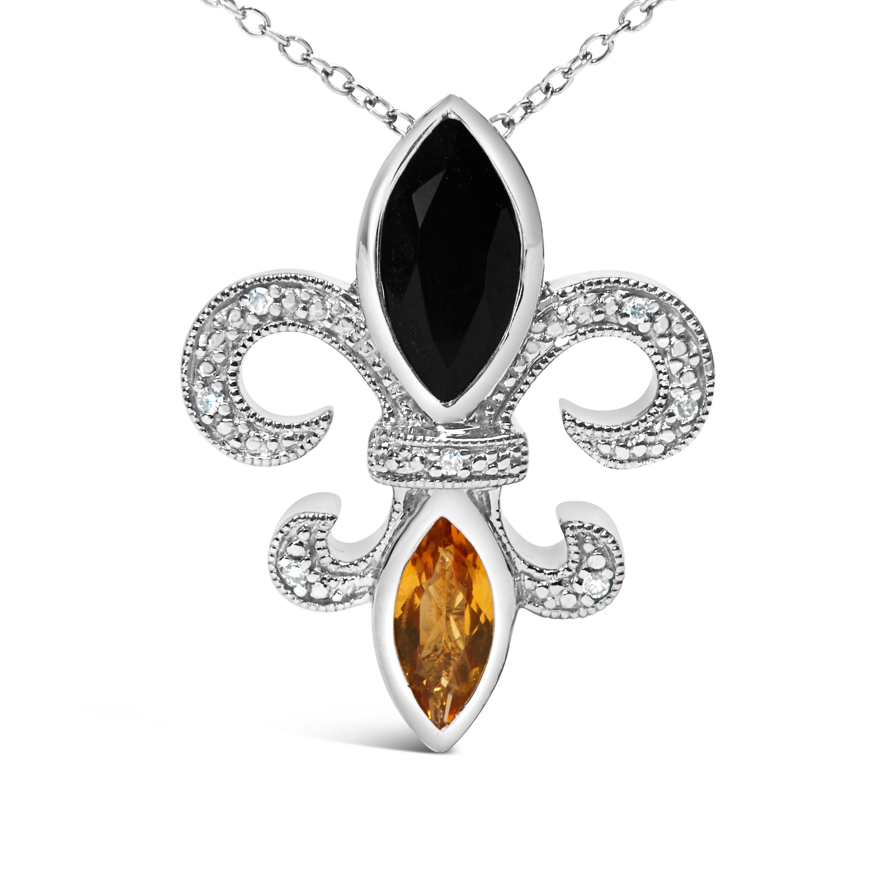Questa collana con ciondolo Fleur De Lis in argento 925 è un capolavoro ipnotico che incarna l'eleganza e la raffinatezza. Realizzata con un'attenzione meticolosa ai dettagli, questa collana presenta una splendida gemma di onice marquise e citrino,