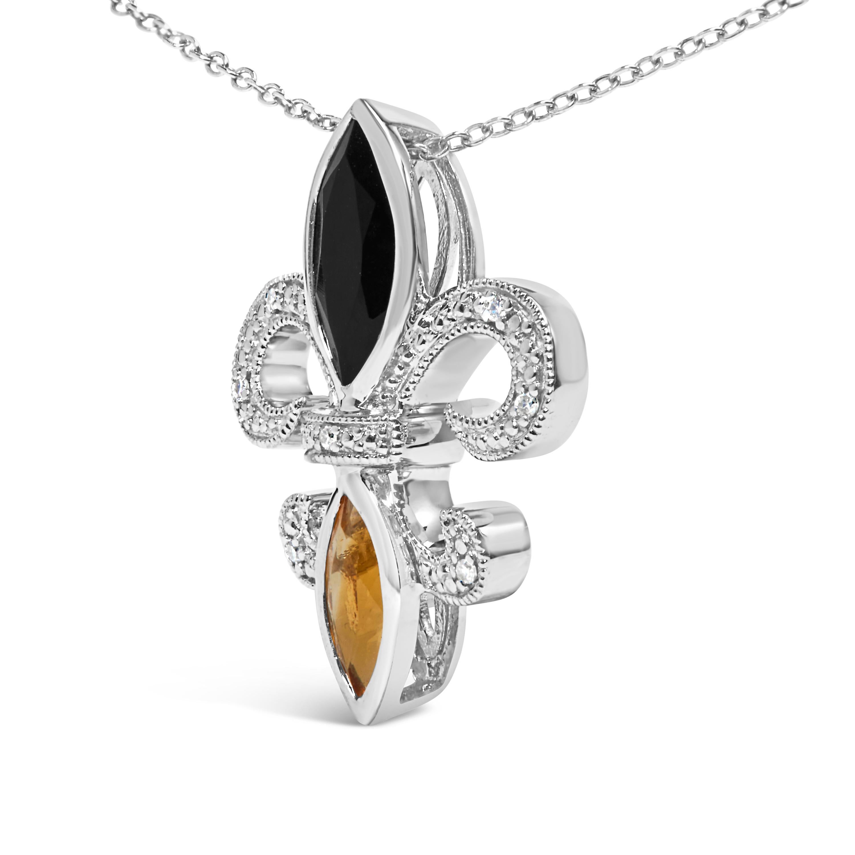 Moderno Collana con ciondolo Fleur De Lis in argento sterling con onice e citrino e accenti di diamanti in vendita