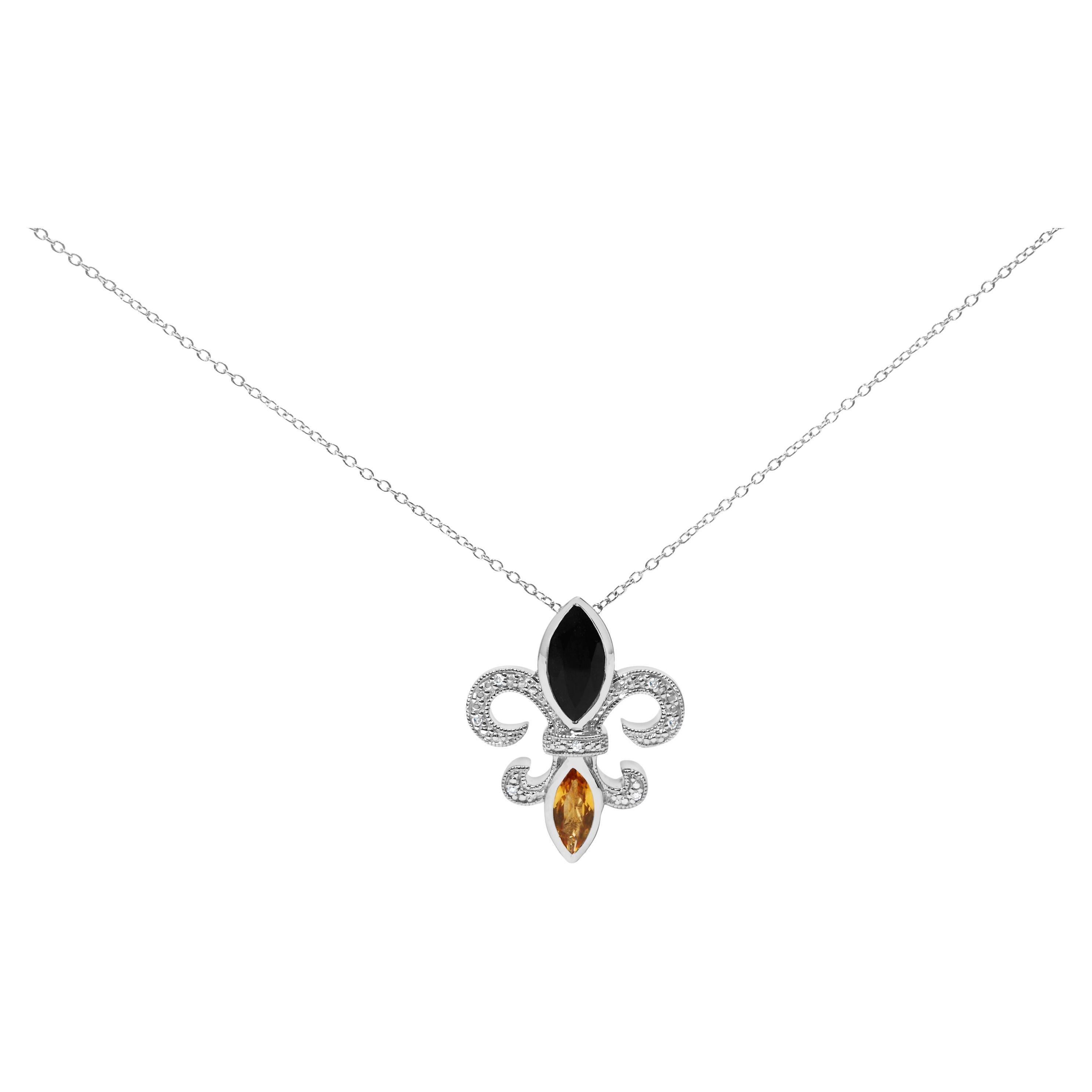 Halskette mit Anhänger aus Sterlingsilber, Onyx und Citrin, Diamant-Akzent Fleur De Lis