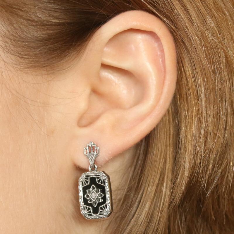 Mixed Cut Sterling Silver Onyx & Diamond Filigree Dangle Earrings, 925 Floral Pierced