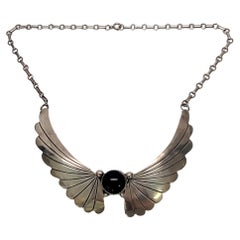 Sterling Silver Onyx Feather Bib Necklace