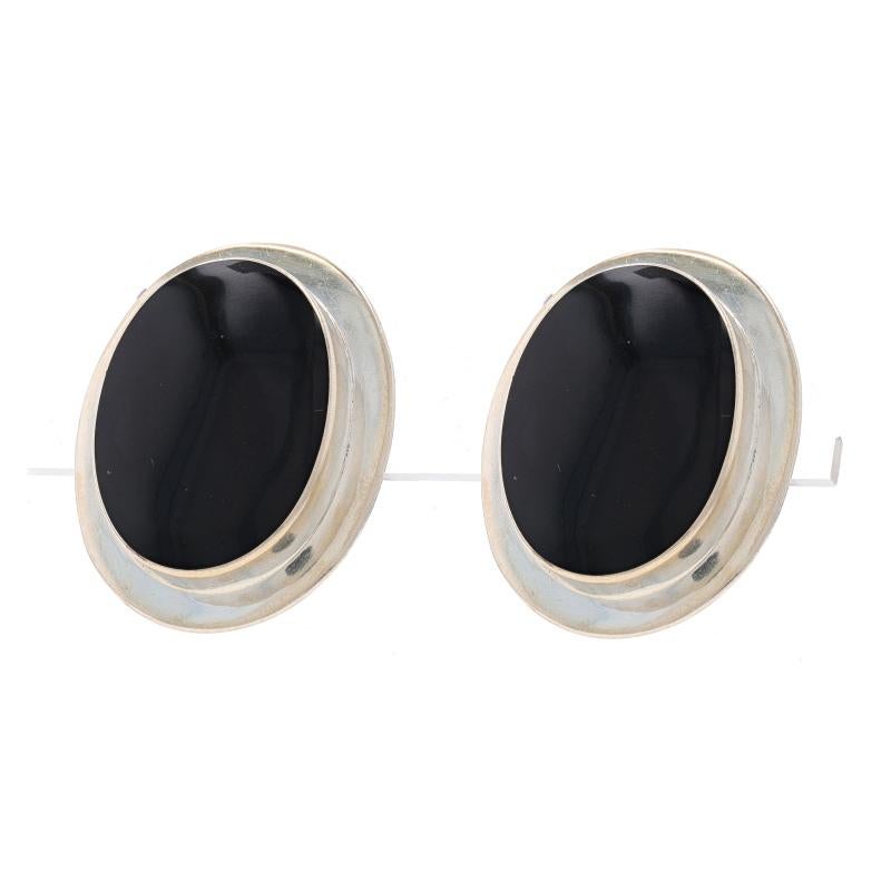 Oval Cut Sterling Silver Onyx Large Stud Earrings - 925 Non-Pierced Clip-Ons For Sale