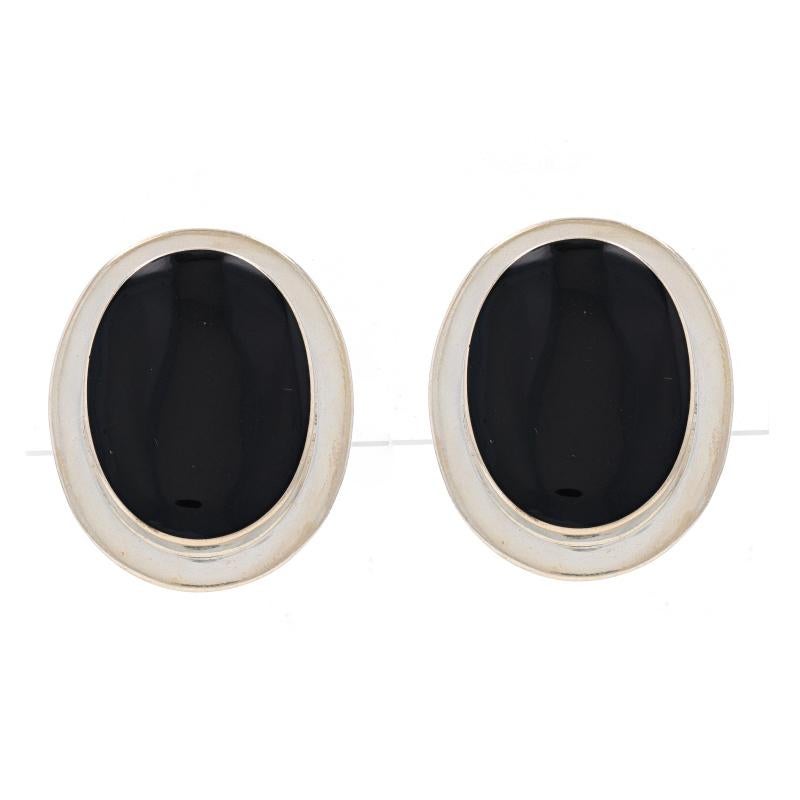 Sterling Silver Onyx Large Stud Earrings - 925 Non-Pierced Clip-Ons For Sale 1