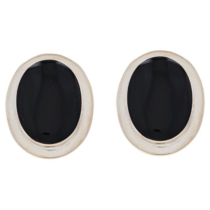 Sterling Silver Onyx Large Stud Earrings - 925 Non-Pierced Clip-Ons For Sale