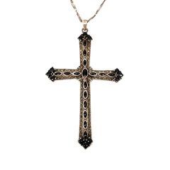 Sterling Silver Onyx Marcasite Cross Pendant with Chain